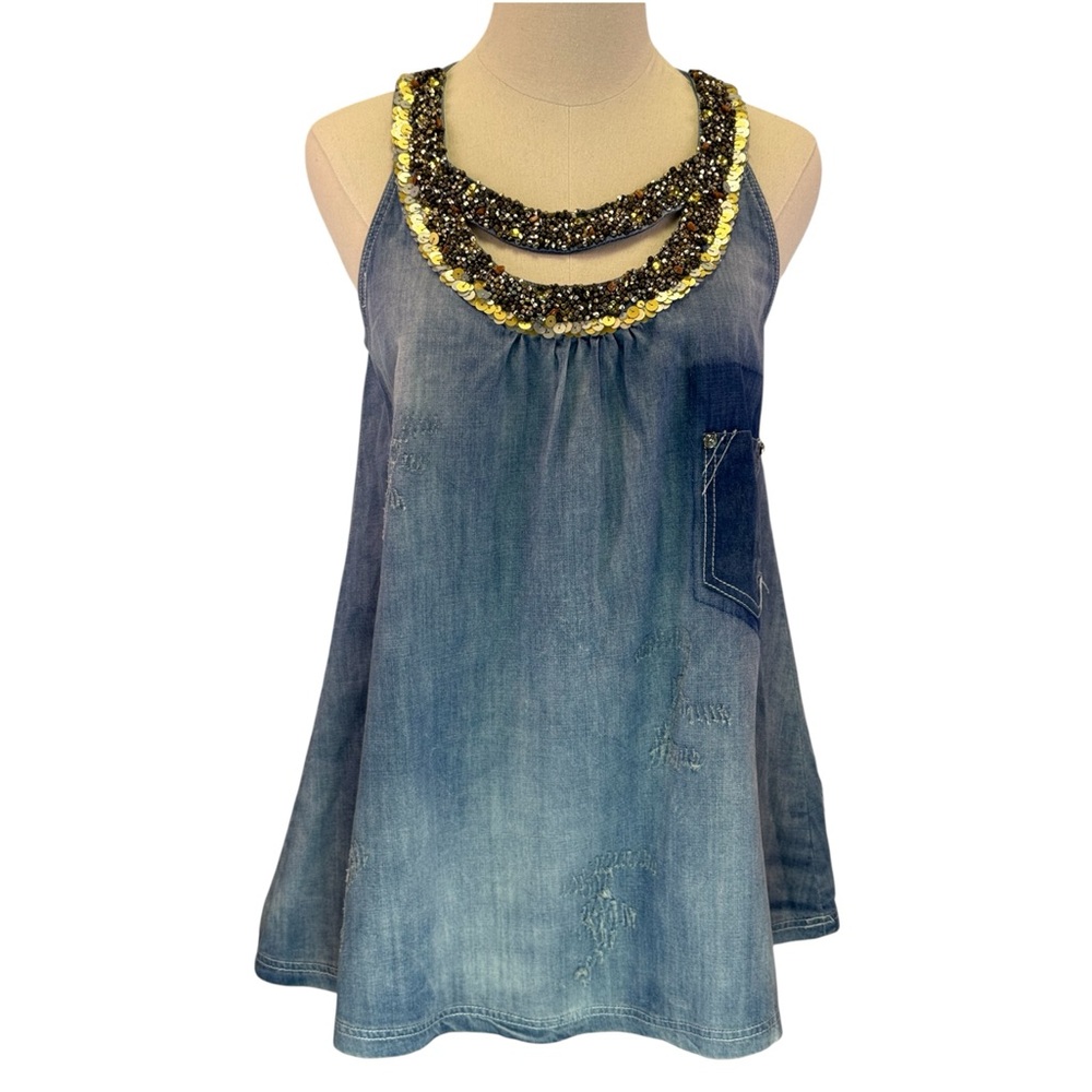 Double D Ranch Beaded Sequin Neckline Distressed Denim Sleeveless Tunic Top  XS‎